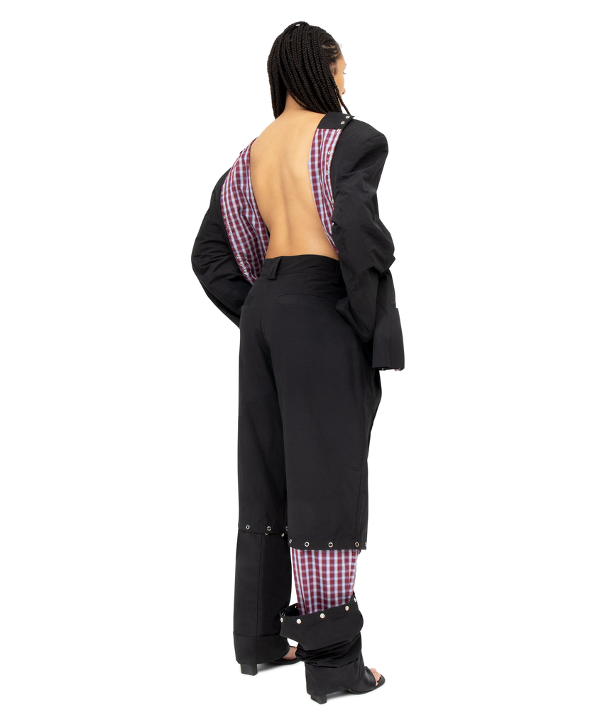 PLAID + BLACK PANELED BAGGY TROUSERS